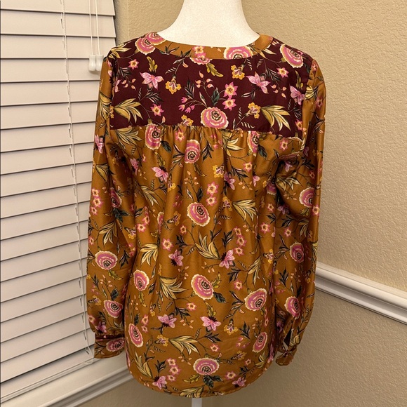 LOFT Floral Blouse Mustard Burgundy Long Sleeves Women's Small - Picture 4 of 14